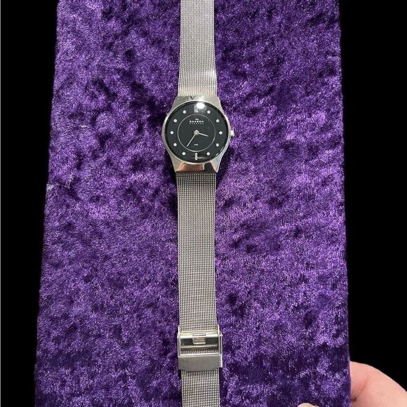 Skagan Stainless Watch Black Face w Crystals New Battery SBSSSBD Great Find - Picture 1 of 9